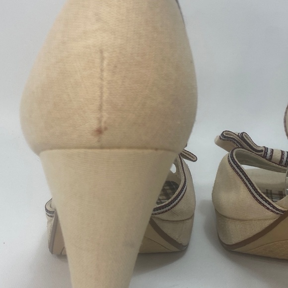 American Eagle Womens Heel Shoes 10 Canvas Peep Toe Ankle Strap Bows Plaid - Picture 6 of 16